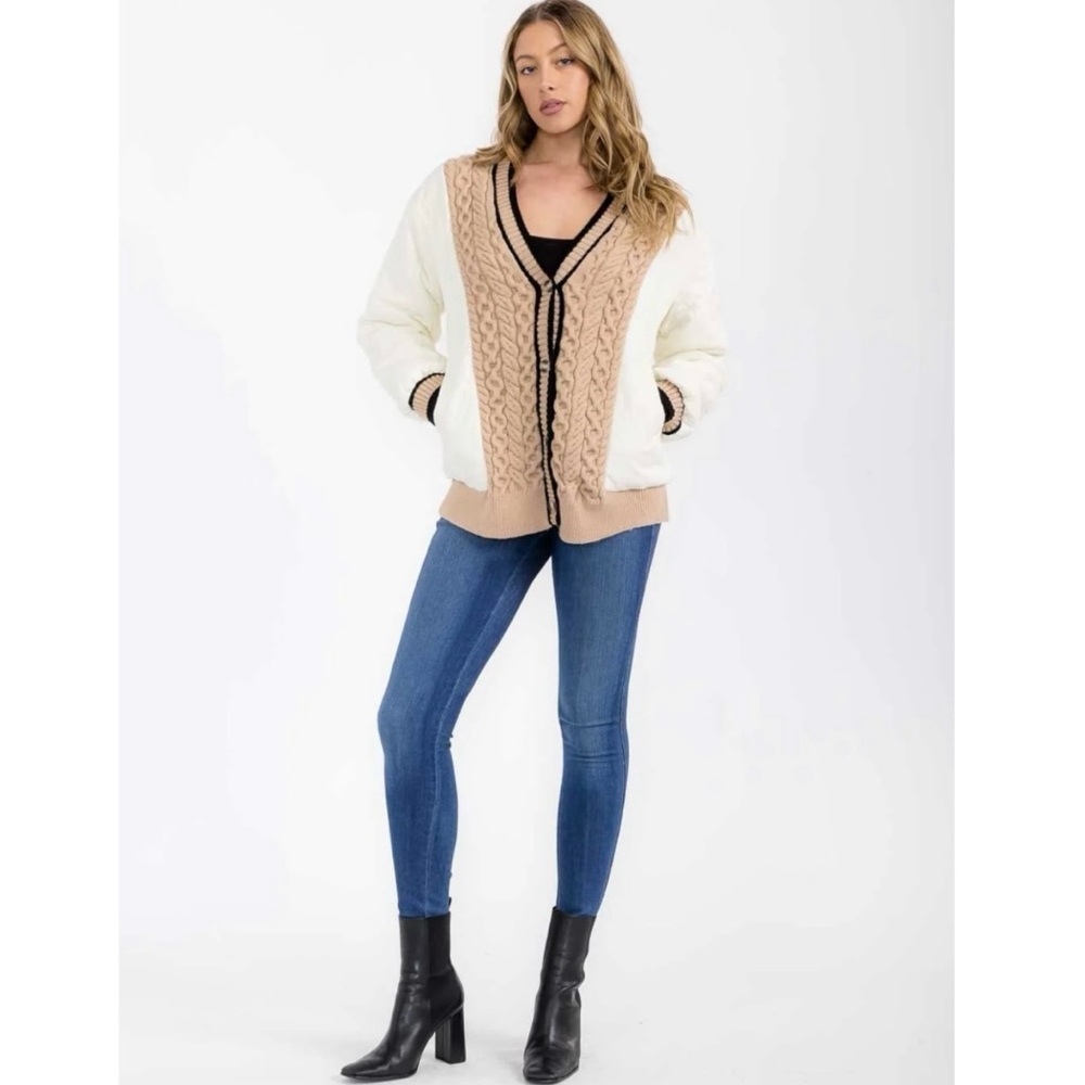 POLAGRAM Women's Braided Harmony Button Quilted Cardigan Bomber Jacket Beige Tan - Picture 10 of 10